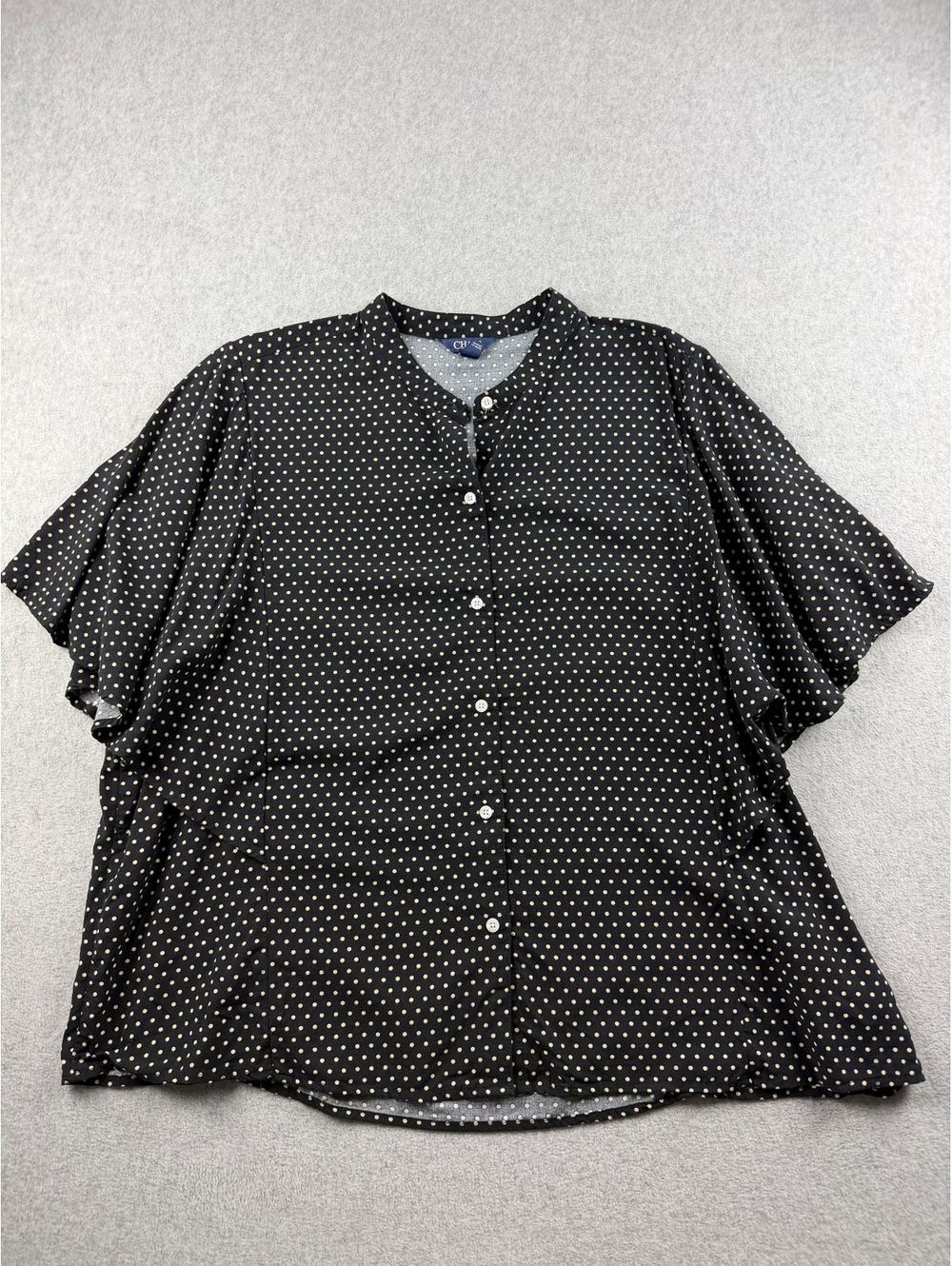 CHAPS Womens XXL Black Polka Dot Blouse Wide Flutter Bell Sleeve Button Front